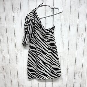 Guess Dress Women Sz Small Black White Zebra Print Full Sequin One Shoulder Mini